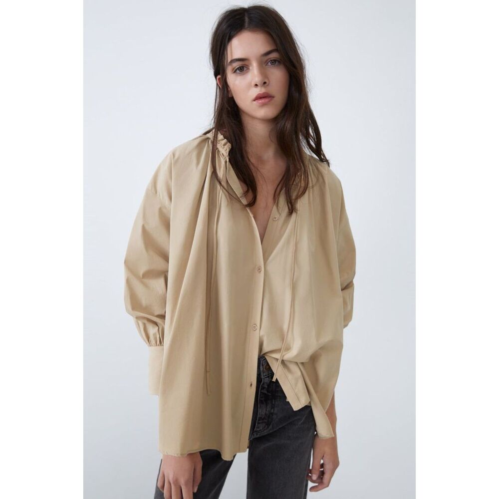 Zara Beige flowy poplin Long sleeve shirt - Size XS